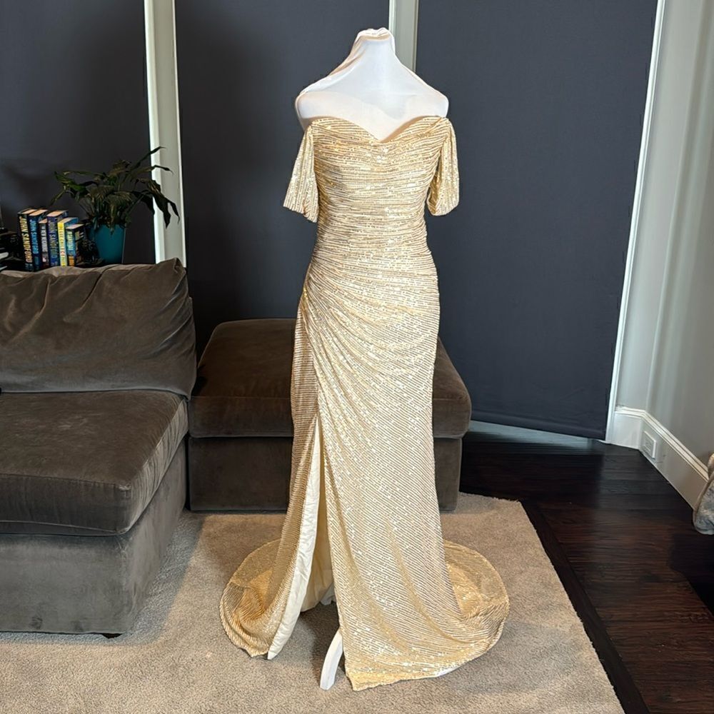 Women’s Gold Sequined Off the Shoulder Prom Party Dress Leg Slit Zip Back Size 2